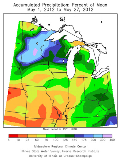 accumulated precipitation: Percent of Mean May 1, 2012 to May 27, 2012