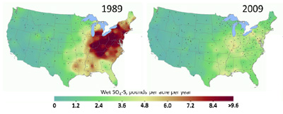 Figure 1. The amount of sulfate (SO42-) deposited on the land in rainfall has been greatly reduced since 1989. Red colors indicate high deposition and green low deposition. Data from: <http://epa.gov/castnet/javaweb/wetdep.html>. (URL accessed April 2012).