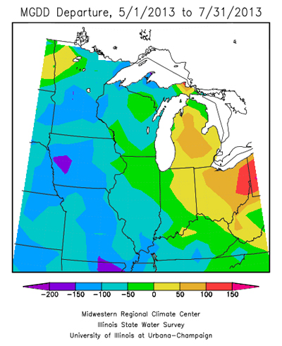 Figure 3. Departure from normal for GDD accumulation from 1 May 2013 through 31 July 2013 in the heart of the U.S. Corn Belt.