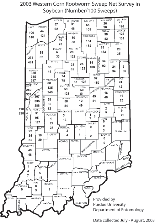 2003 Western Corn Rootworm Sweep Net Survey in Soybean (Number/100 Sweeps)