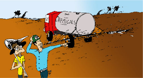 Bug Scout- Oh, he's not spraying here.. he's spraying way over there!