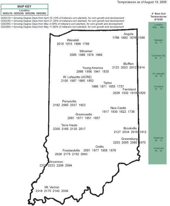 Temperatures as of August 10, 2005