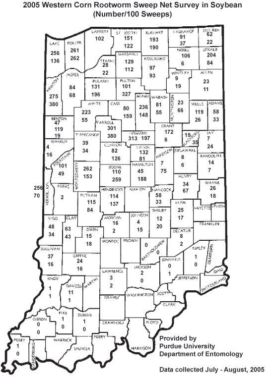 2005 Western Corn Rootworm Sweet Net Survey in Soybean (Number/100 Sweeps)