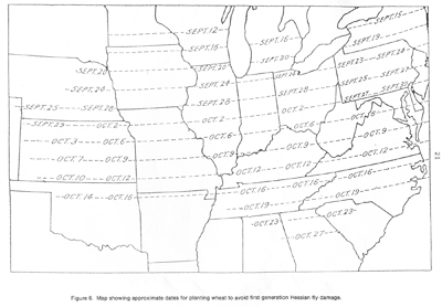 Map showing approximate dates for planting sheat to avoid first generation Hessian fly damage