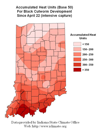 Accumulated heat unit (base 50) for black cutworm development since April 22