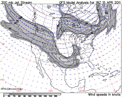 Jet stream shown pushing upward inot the Midwest, April 15, 2011 (NOAA)