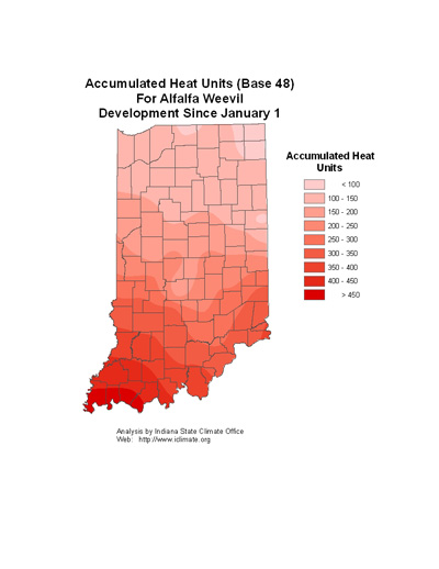 accumulated heat units (base 48) for alfalfa weevil development since January 1