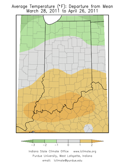 Average temperature departure from mean March 28, 2011 to April 26, 2011