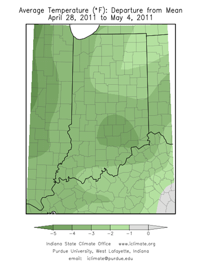 Average temperature departure from mean March 28, 2011 to April 26, 2011