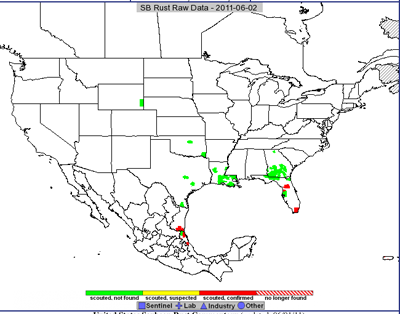 Figure 1. Current status of soybean rust in North America. (ipmPIPE website; <http://www.sbrusa.net>)