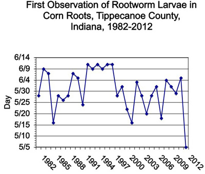 First Observation of Rootworm Larvae in Corn Roots, Tippecanoe County, Indiana, 1982-2012