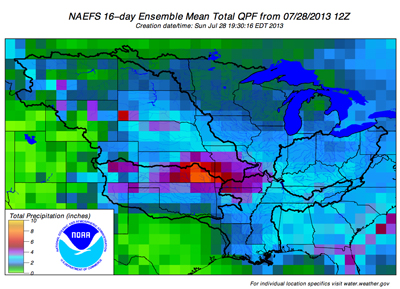 NAEFS 16 day ensemble mean total QPF from 7/28/13