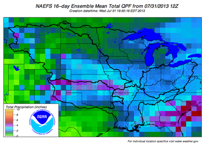 NAEFS 16 day ensemble mean total QPF from 7/28/13