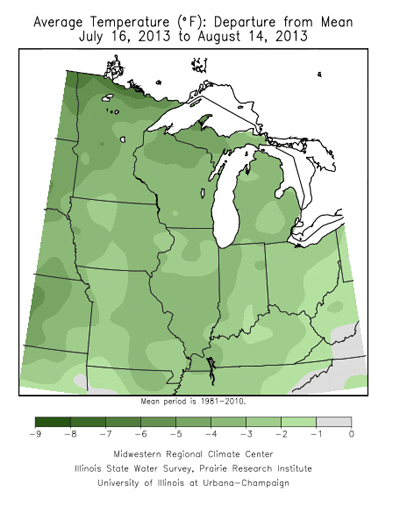 Figure 3. Average temperature departure from mean from l7/16/13 to 8/14/13. Graphic source: Midwest Climate Watch.