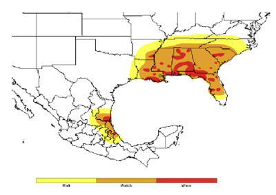 figure 1 Risk areas for soybean rust based on predicted spore transport from infected areas.