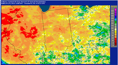 Figure 1. Percent of normal precipitation as of 9 Sept. 2013 for the previous 60 days. (Image Source: NWS-APHIS).