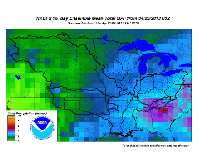 NAEFS 16 day Ensemble mean total QPF from 4/25/2013