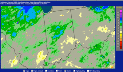 Lower panel is the departure from normal rainfall for the same time period