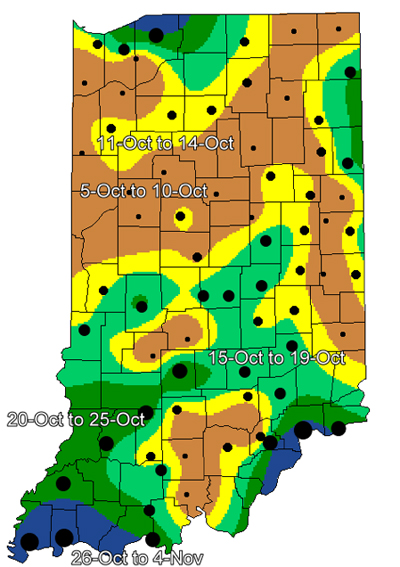 Fig. 3. Average first fall dates of 28°F temperatures throughout Indiana. Interpolated data derived from spatial analysis of 1981-2010 normal data from Indiana and surrounding states. White: 13-Oct to 21-Oct; Blue: 22-Oct to 30-Oct; Green: 31-Oct to 8-Nov; Yellow: 9-Nov to 17-Nov; Red: 18-Nov to 26-Nov. Spatial data source: National Climatic Data Center 1981-2010 US Normals Data. 